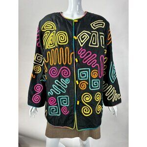 Maggie Barnes 1X Black Embroidered Jacket With Colorful Abstract Patterns 100% S